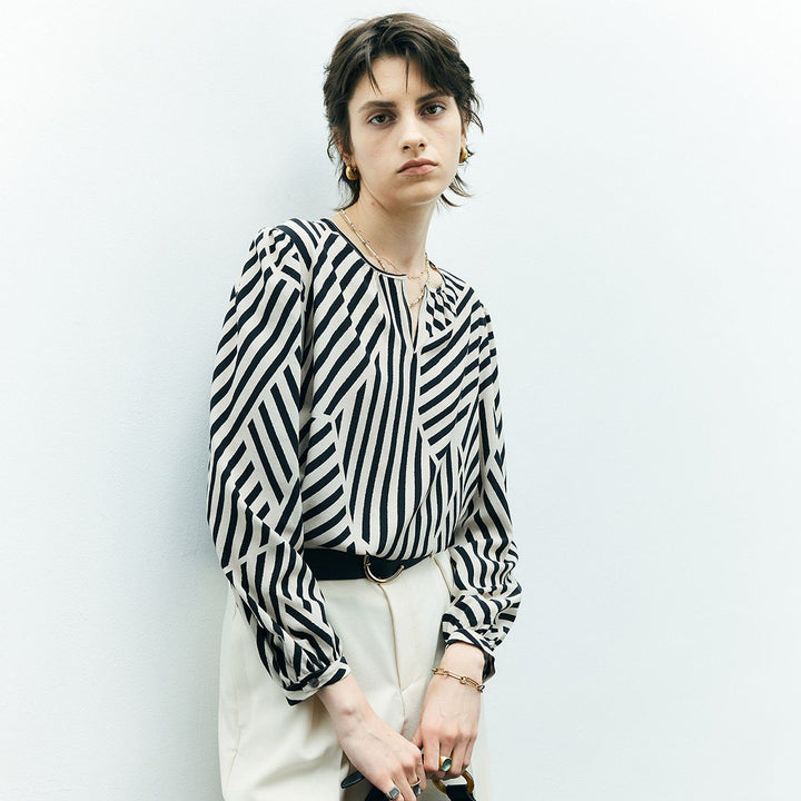 Mulberry Silk Striped Printed Long Sleeve Relaxed Fit Silk Blouse