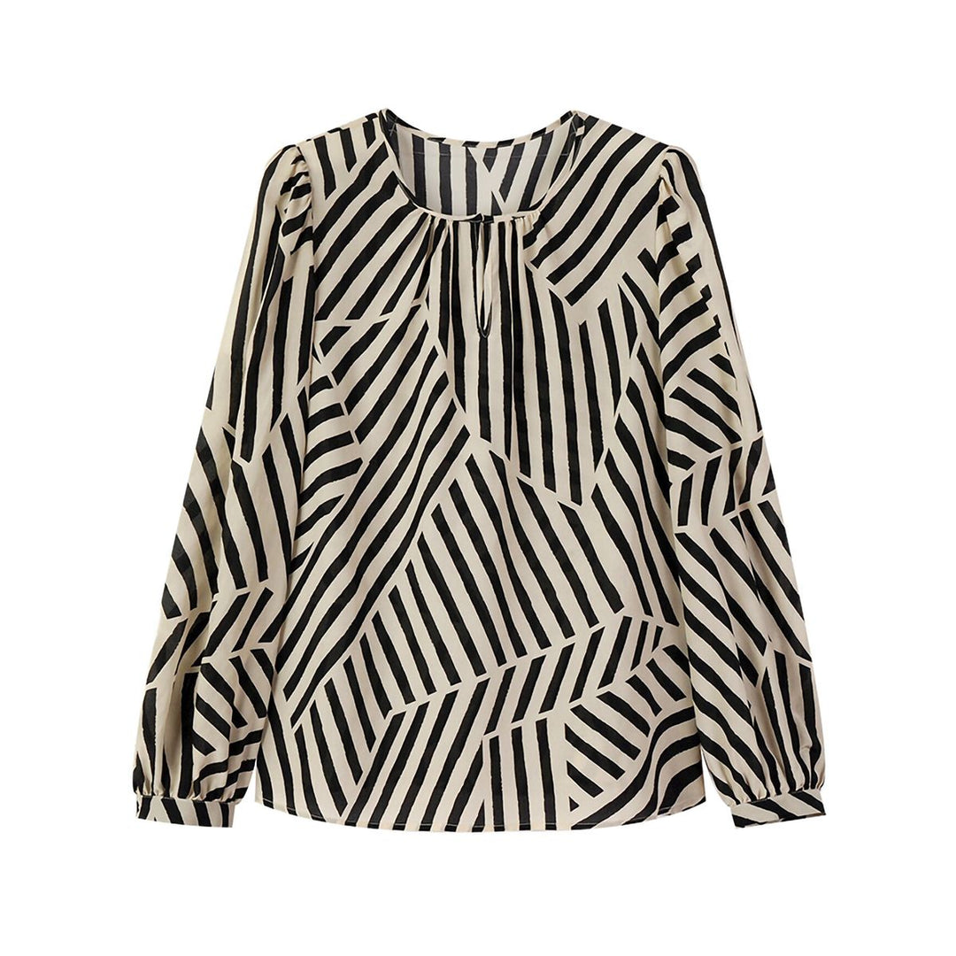 Mulberry Silk Striped Printed Long Sleeve Relaxed Fit Silk Blouse