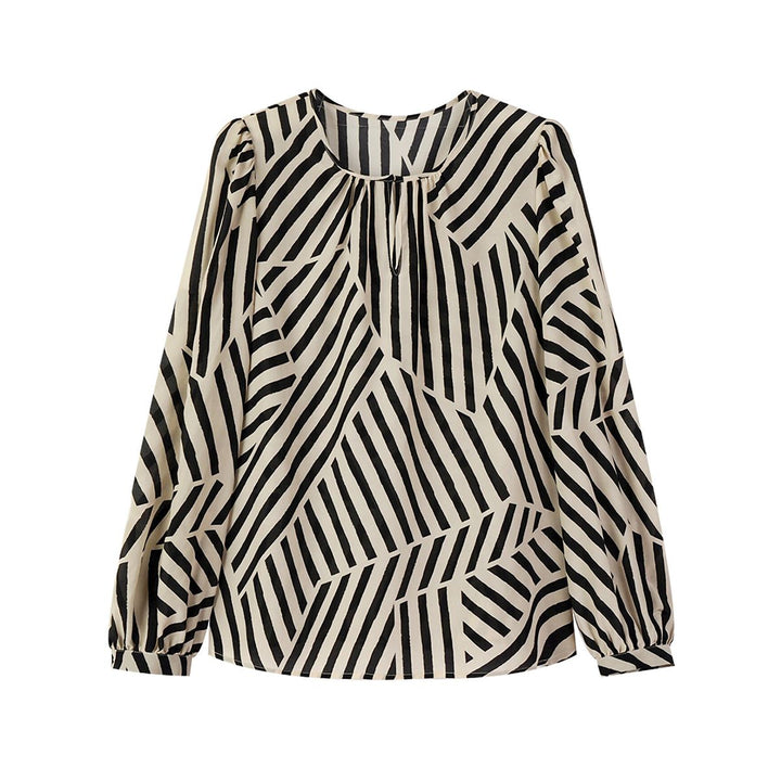 Mulberry Silk Striped Printed Long Sleeve Relaxed Fit Silk Blouse