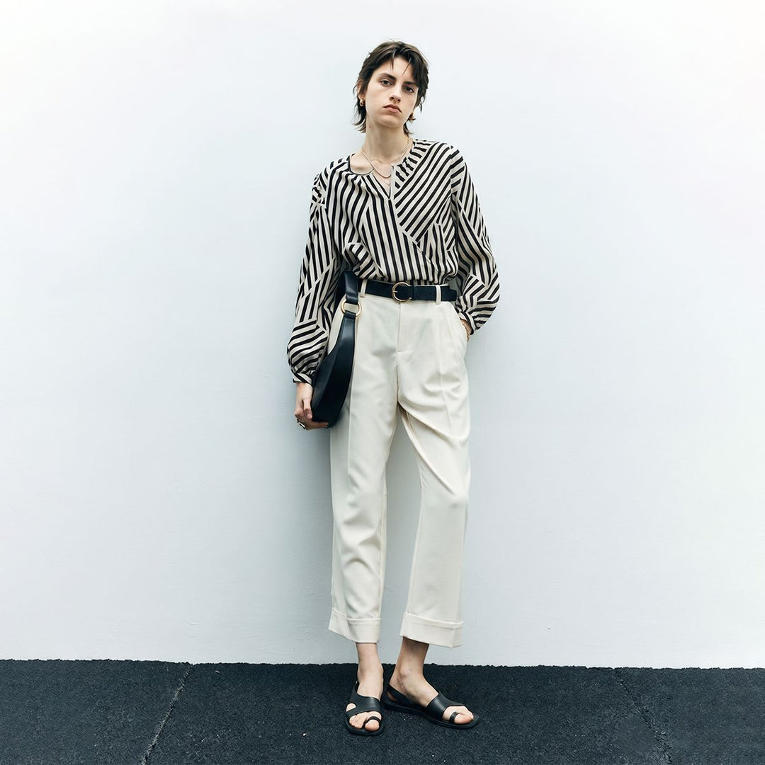 Mulberry Silk Striped Printed Long Sleeve Relaxed Fit Silk Blouse