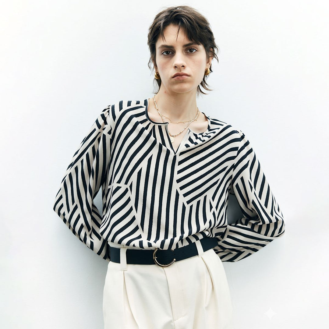 Mulberry Silk Striped Printed Long Sleeve Relaxed Fit Silk Blouse