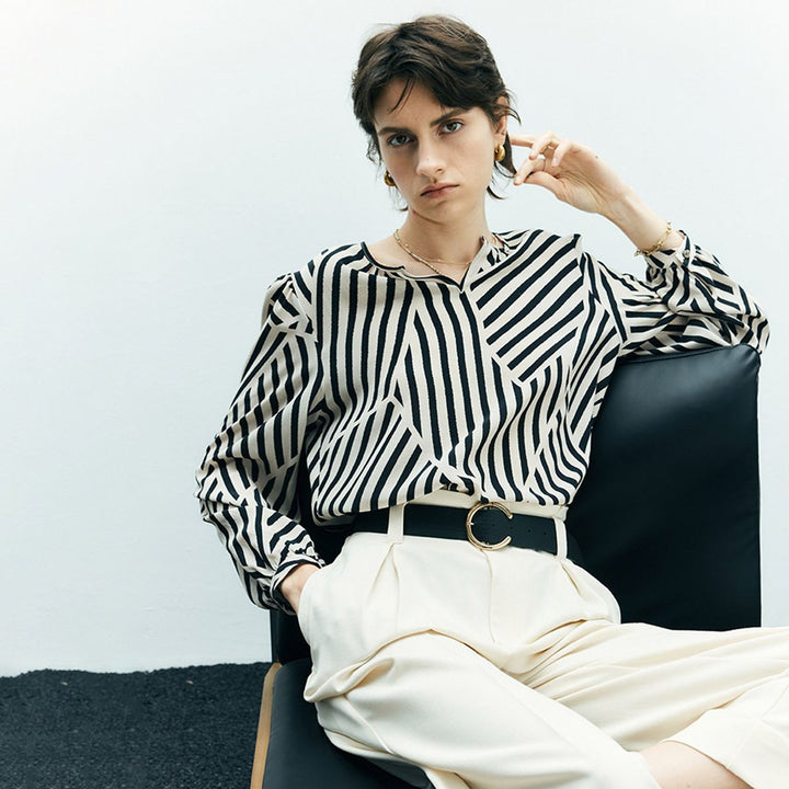 Mulberry Silk Striped Printed Long Sleeve Relaxed Fit Silk Blouse