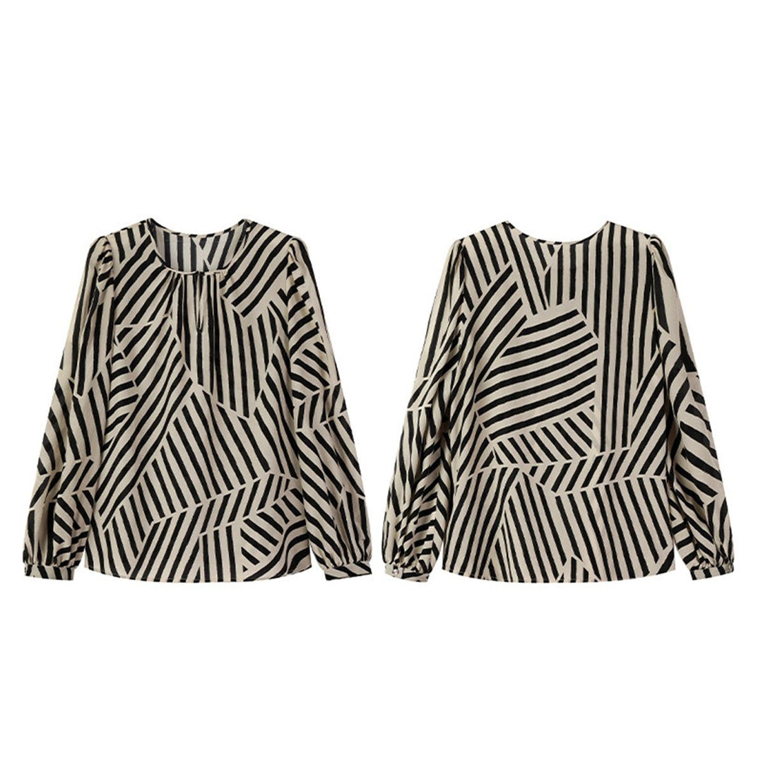 Mulberry Silk Striped Printed Long Sleeve Relaxed Fit Silk Blouse