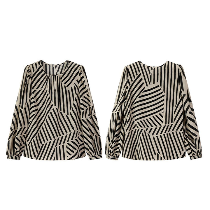 Mulberry Silk Striped Printed Long Sleeve Relaxed Fit Silk Blouse