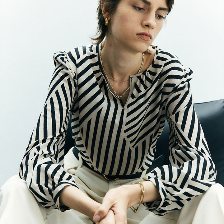 Mulberry Silk Striped Printed Long Sleeve Relaxed Fit Silk Blouse