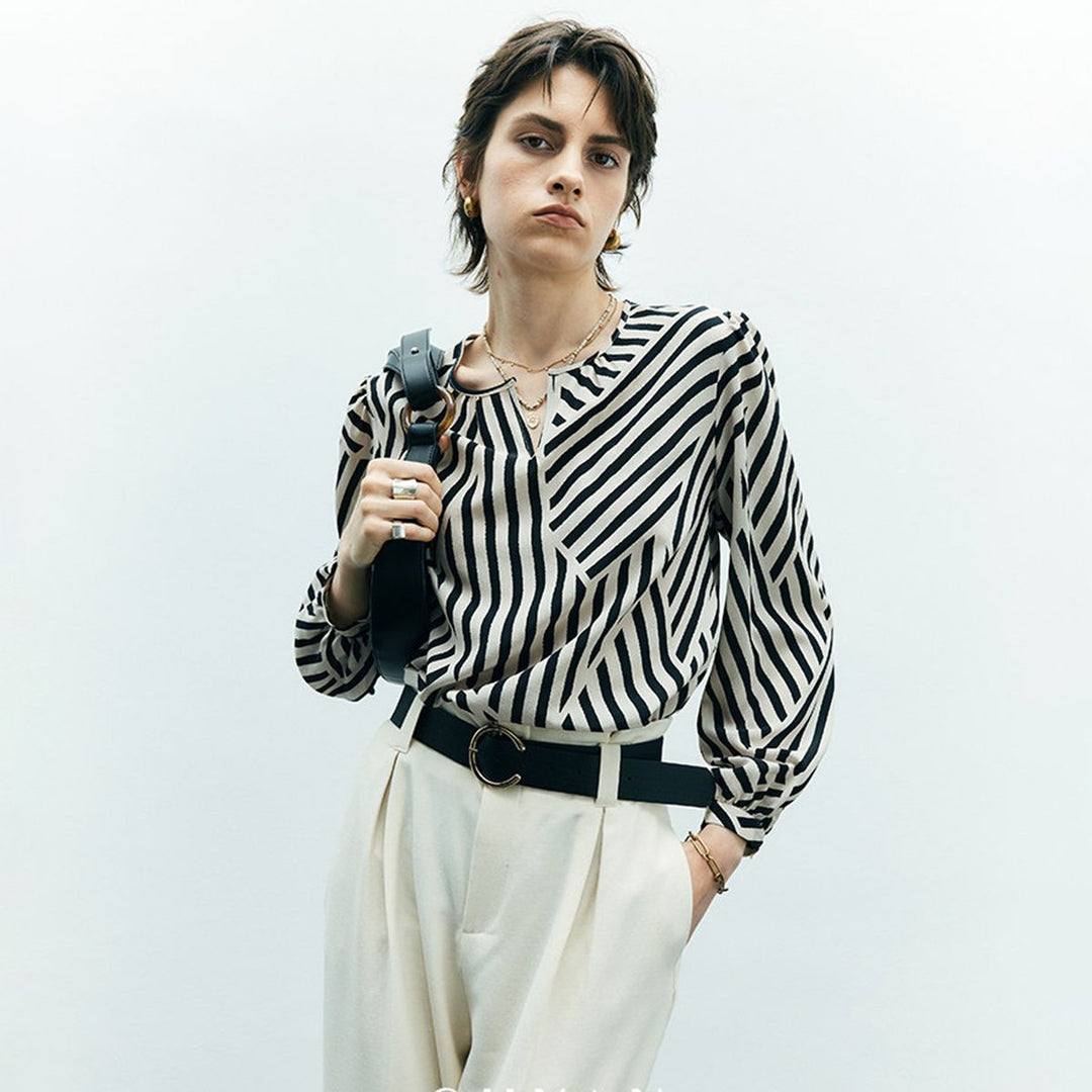 Mulberry Silk Striped Printed Long Sleeve Relaxed Fit Silk Blouse