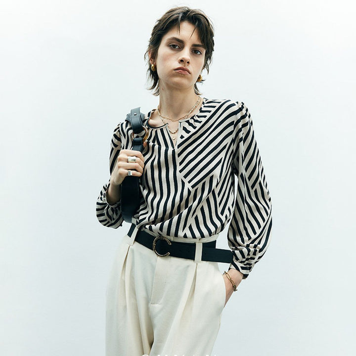 Mulberry Silk Striped Printed Long Sleeve Relaxed Fit Silk Blouse