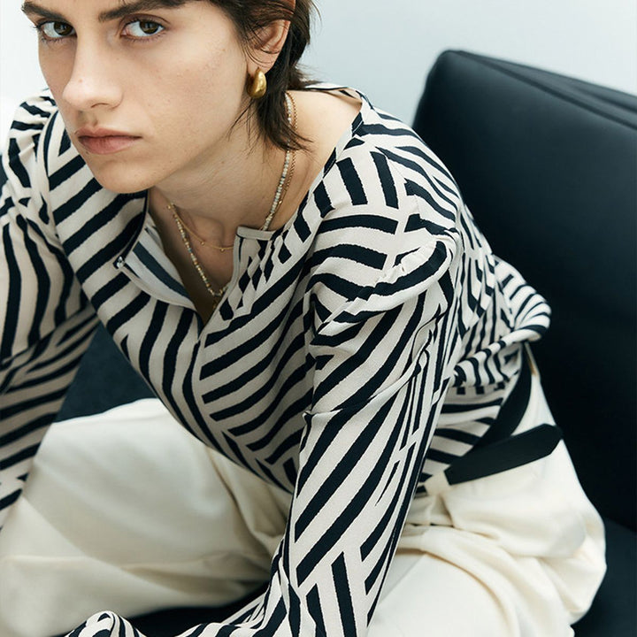 Mulberry Silk Striped Printed Long Sleeve Relaxed Fit Silk Blouse