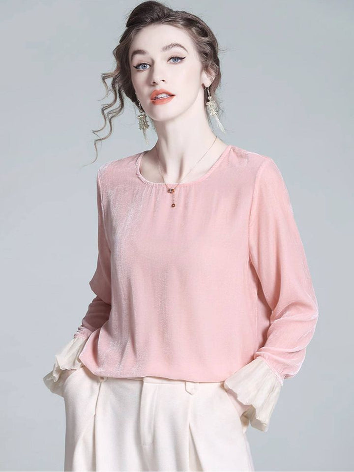 Round Neck Long Sleeve Silk Velvet Blouse with Ruffle Cuffs