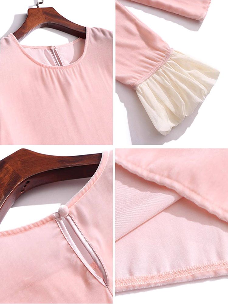 Round Neck Long Sleeve Silk Velvet Blouse with Ruffle Cuffs