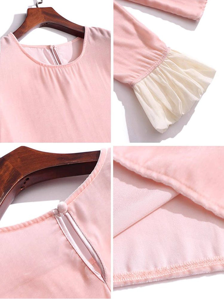 Round Neck Long Sleeve Silk Velvet Blouse with Ruffle Cuffs