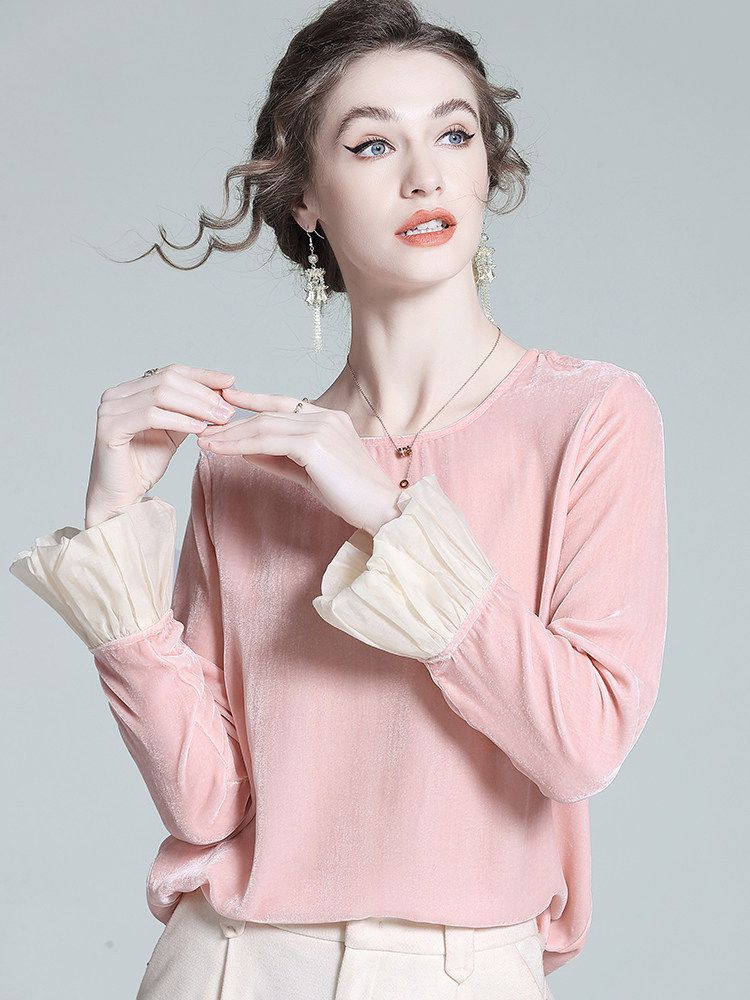 Round Neck Long Sleeve Silk Velvet Blouse with Ruffle Cuffs