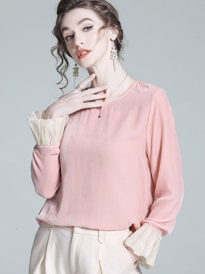 Round Neck Long Sleeve Silk Velvet Blouse with Ruffle Cuffs