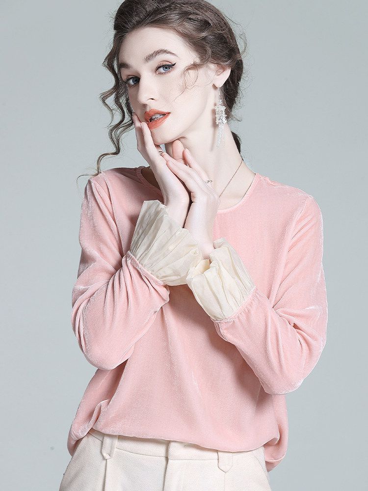Round Neck Long Sleeve Silk Velvet Blouse with Ruffle Cuffs