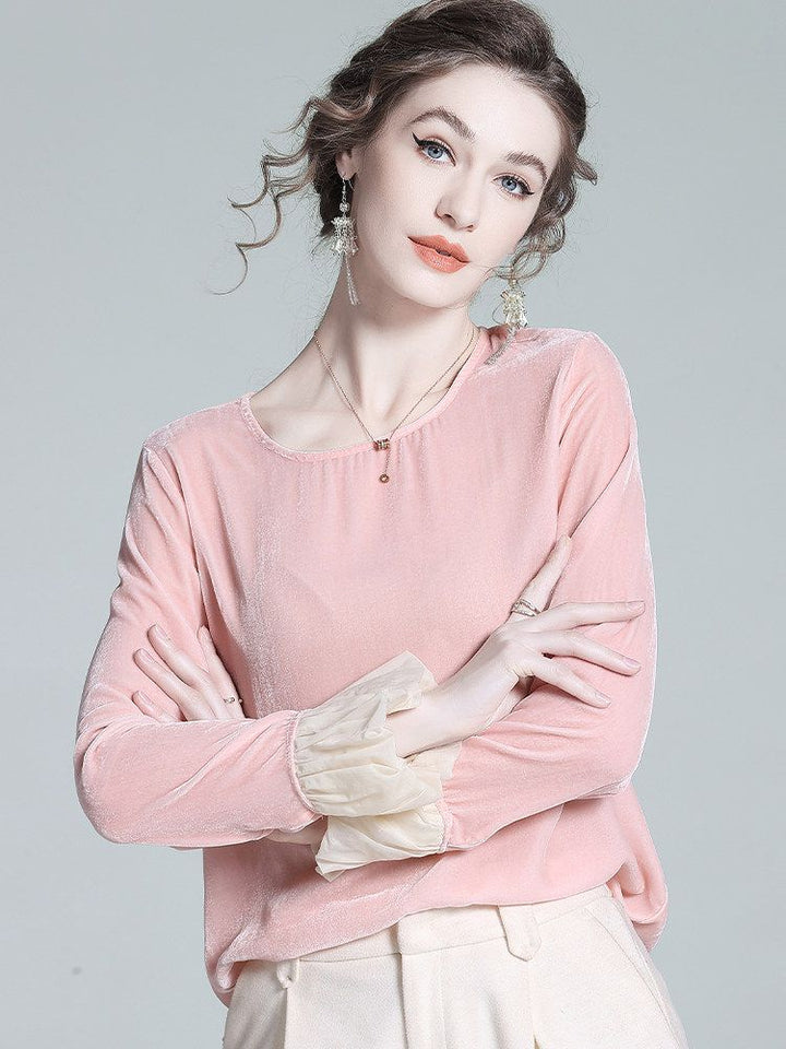 Round Neck Long Sleeve Silk Velvet Blouse with Ruffle Cuffs
