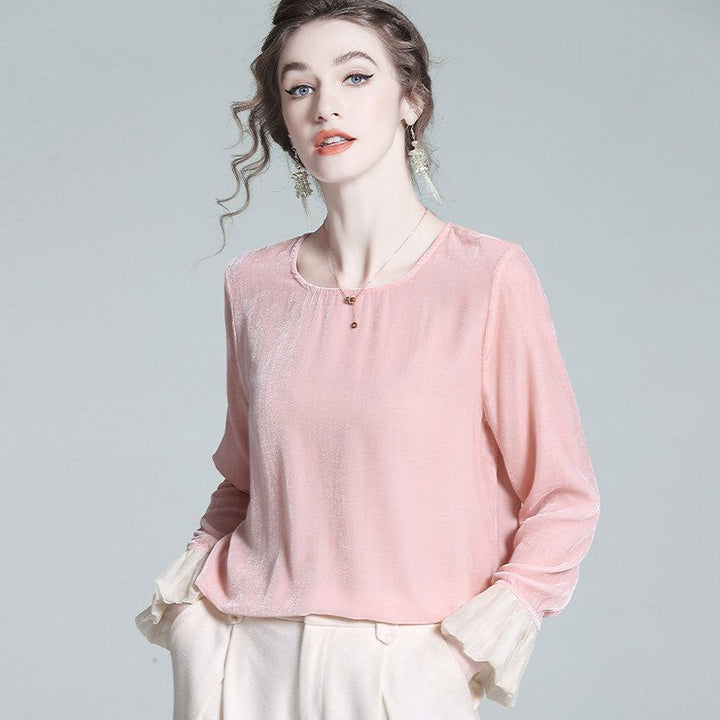 Round Neck Long Sleeve Silk Velvet Blouse with Ruffle Cuffs