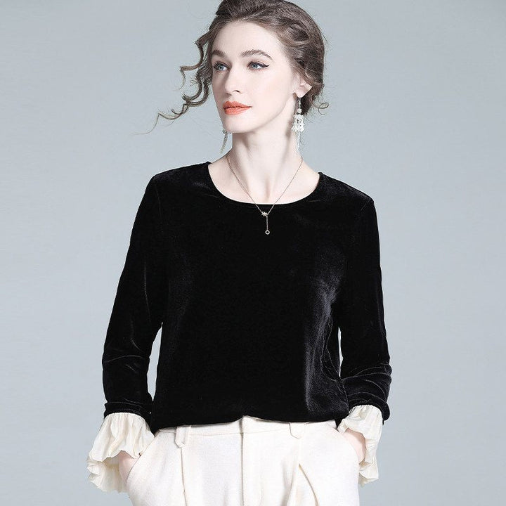 Round Neck Long Sleeve Silk Velvet Blouse with Ruffle Cuffs