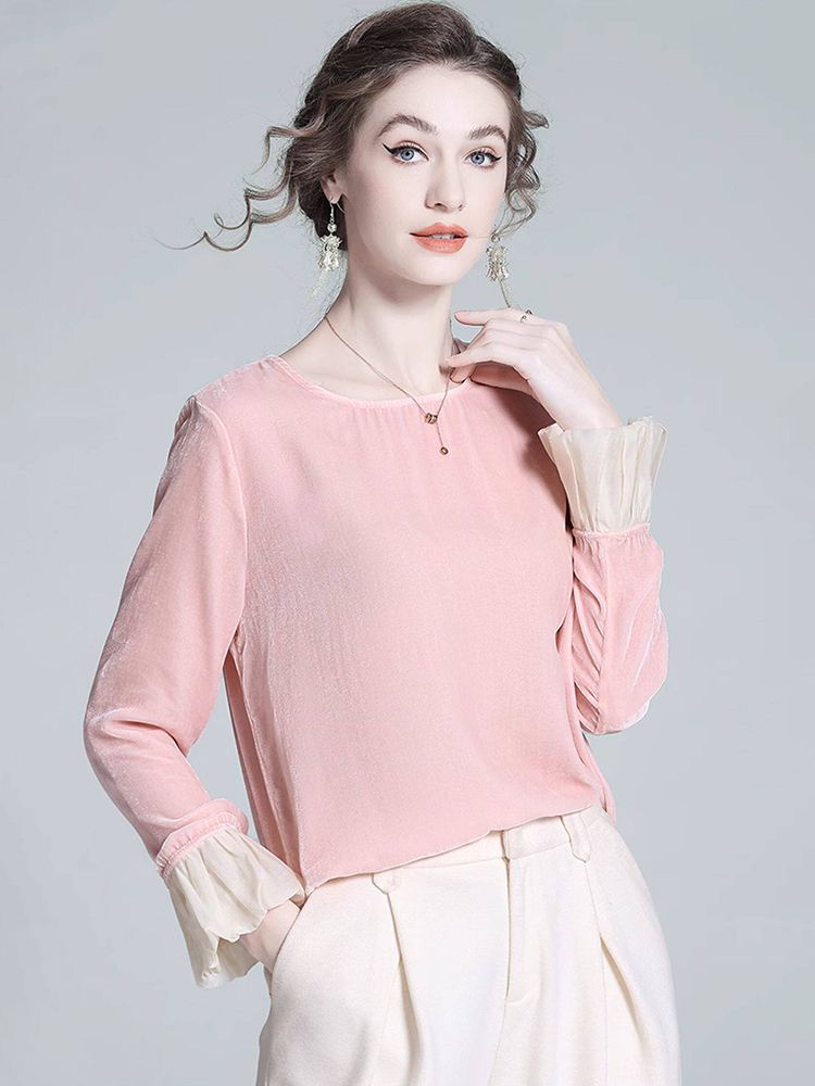 Round Neck Long Sleeve Silk Velvet Blouse with Ruffle Cuffs