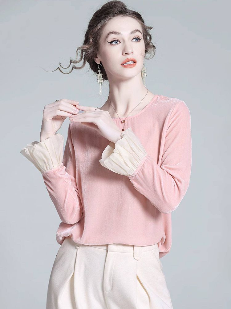 Round Neck Long Sleeve Silk Velvet Blouse with Ruffle Cuffs