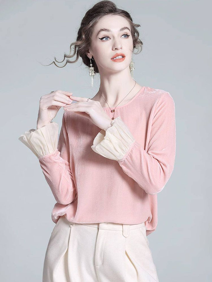 Round Neck Long Sleeve Silk Velvet Blouse with Ruffle Cuffs