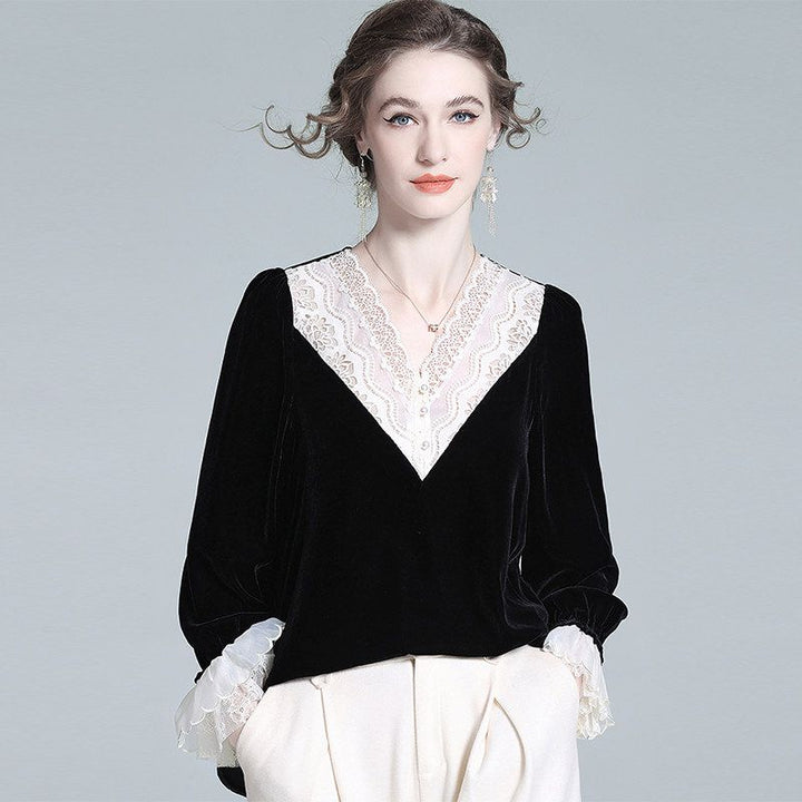 Lace V-Neck Long Sleeve Black Silk Velvet Blouse with Ruffle Cuffs