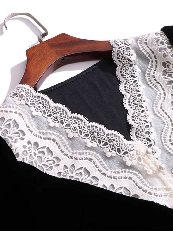 Lace V-Neck Long Sleeve Black Silk Velvet Blouse with Ruffle Cuffs