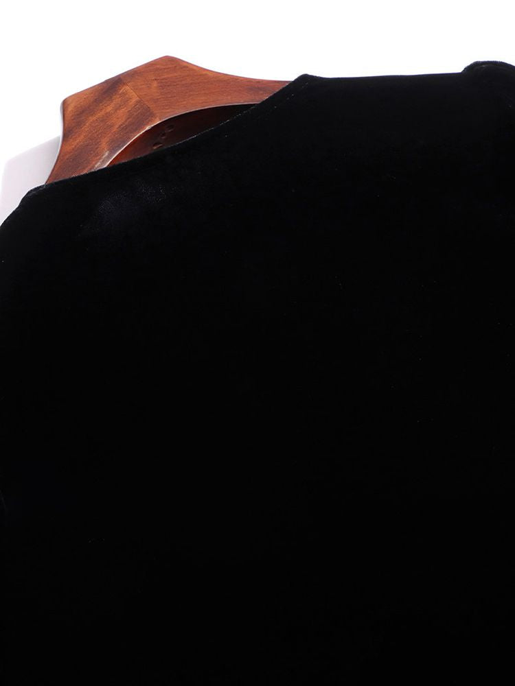 Lace V-Neck Long Sleeve Black Silk Velvet Blouse with Ruffle Cuffs