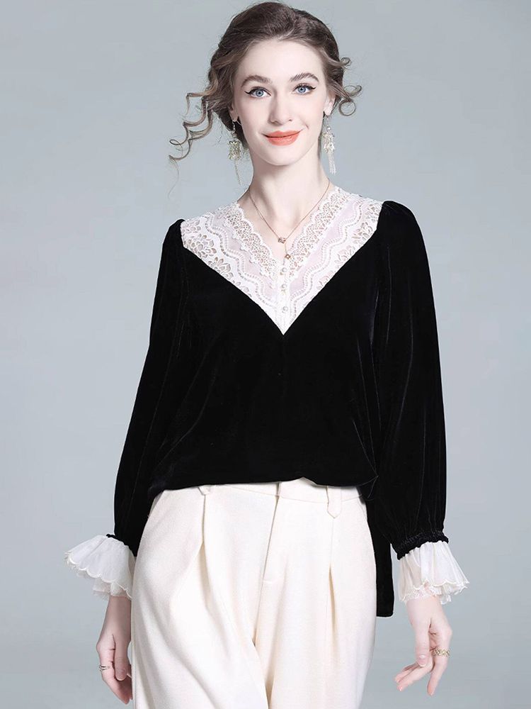 Lace V-Neck Long Sleeve Black Silk Velvet Blouse with Ruffle Cuffs