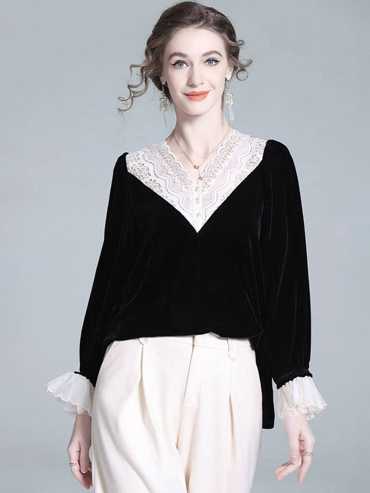 Lace V-Neck Long Sleeve Black Silk Velvet Blouse with Ruffle Cuffs