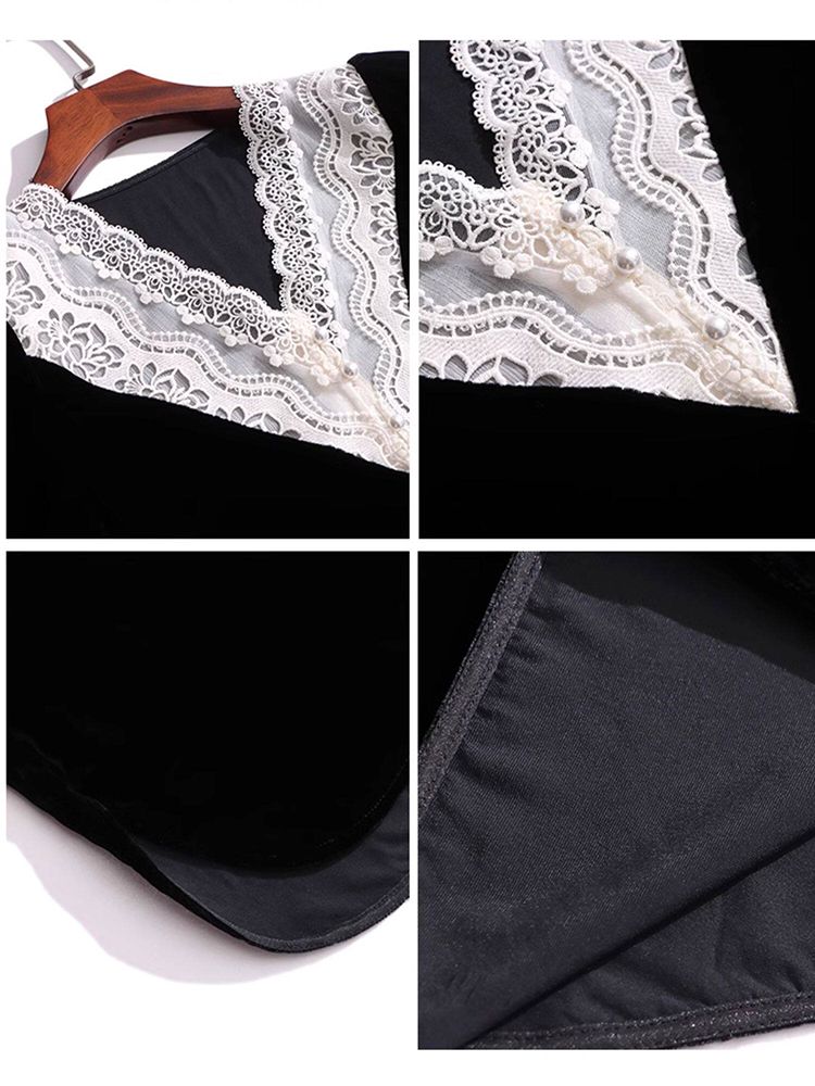 Lace V-Neck Long Sleeve Black Silk Velvet Blouse with Ruffle Cuffs