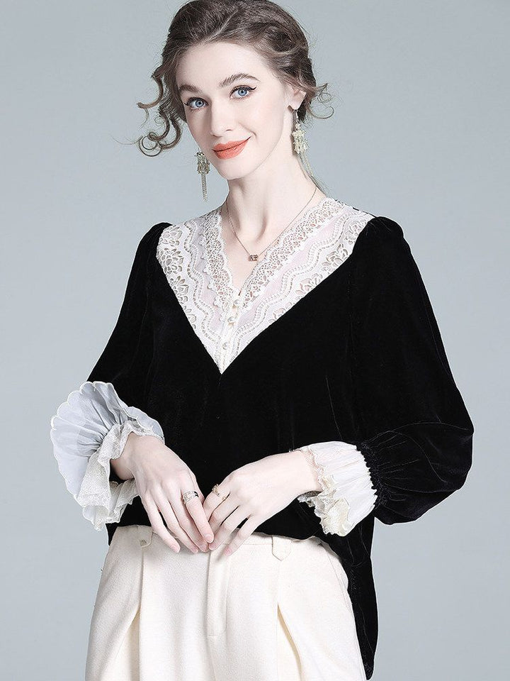 Lace V-Neck Long Sleeve Black Silk Velvet Blouse with Ruffle Cuffs