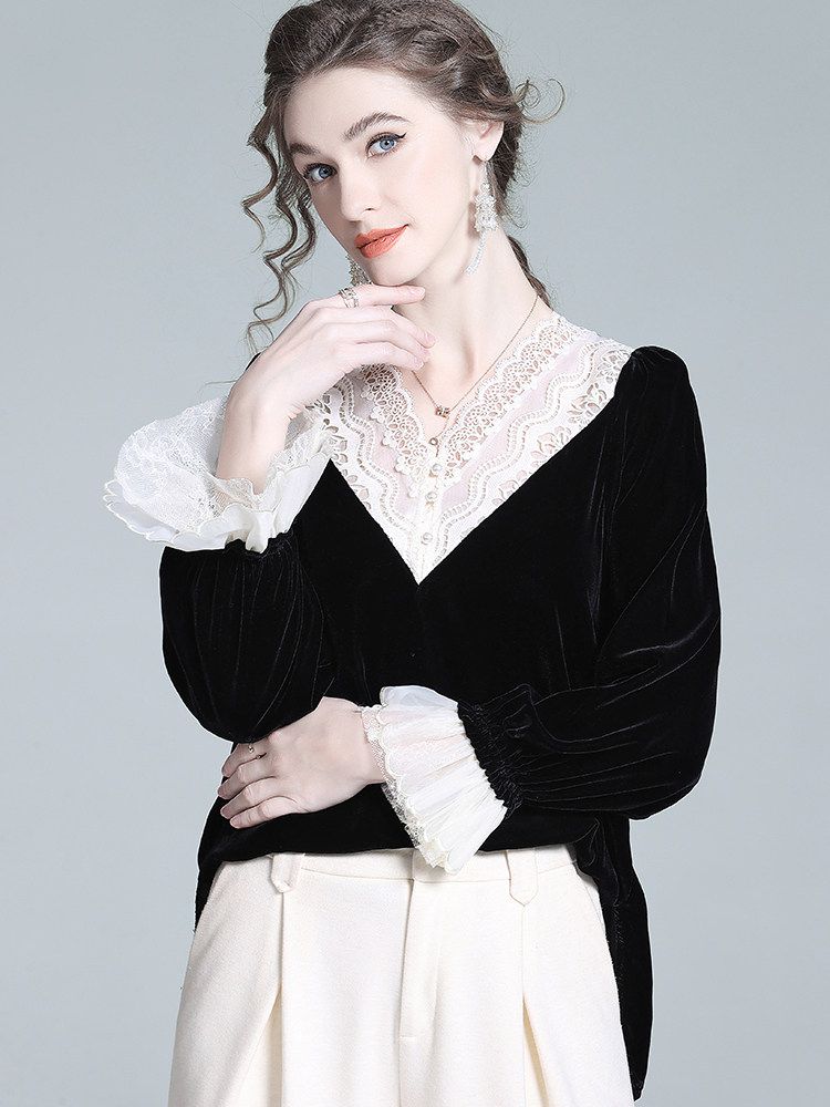 Lace V-Neck Long Sleeve Black Silk Velvet Blouse with Ruffle Cuffs