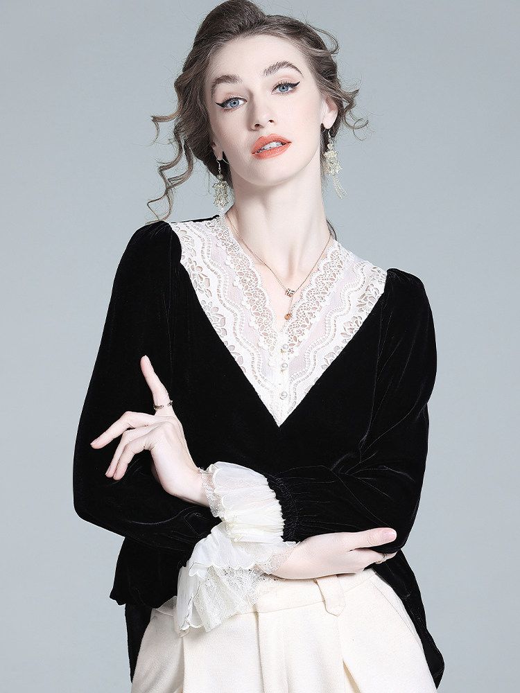 Lace V-Neck Long Sleeve Black Silk Velvet Blouse with Ruffle Cuffs