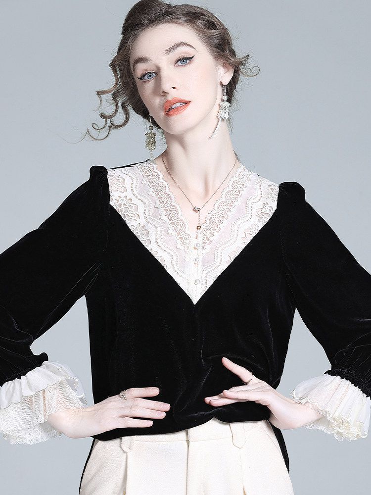 Lace V-Neck Long Sleeve Black Silk Velvet Blouse with Ruffle Cuffs