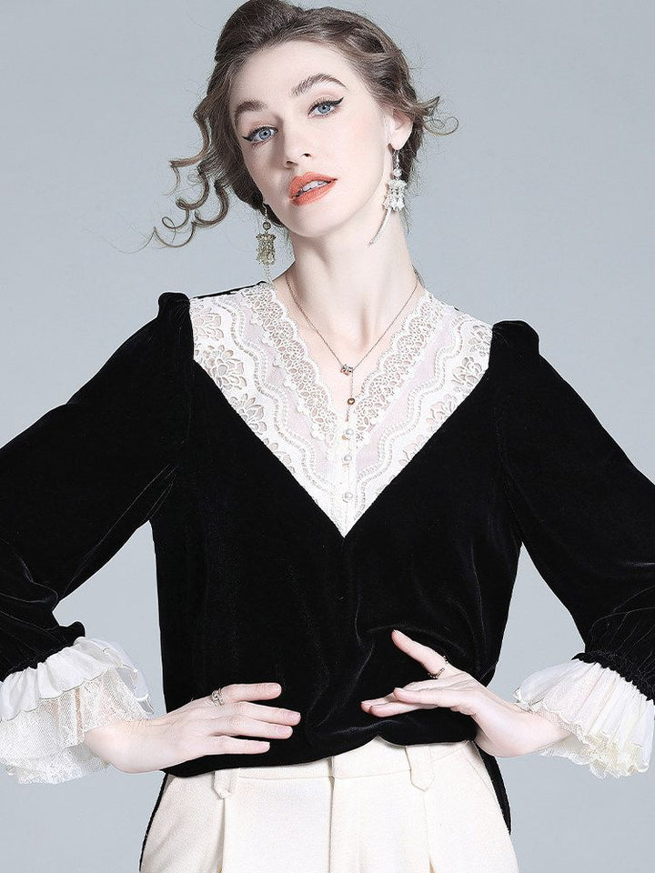 Lace V-Neck Long Sleeve Black Silk Velvet Blouse with Ruffle Cuffs