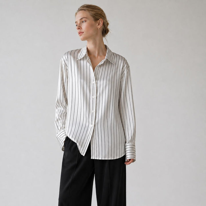Women's Luxury Pinstripe Button-Down 100% Mulberry Silk Shirt Relaxed Blouse