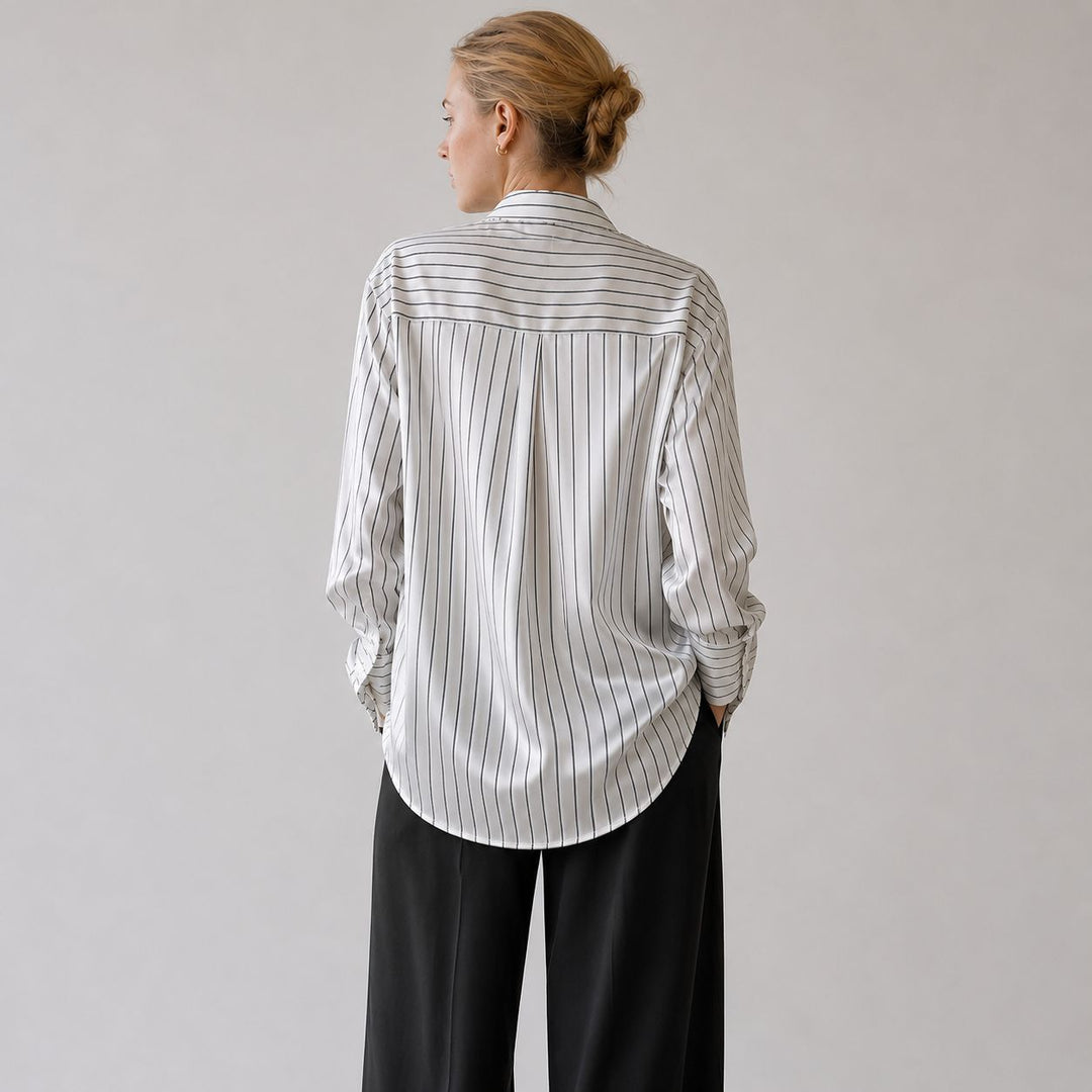 Women's Luxury Pinstripe Button-Down 100% Mulberry Silk Shirt Relaxed Blouse