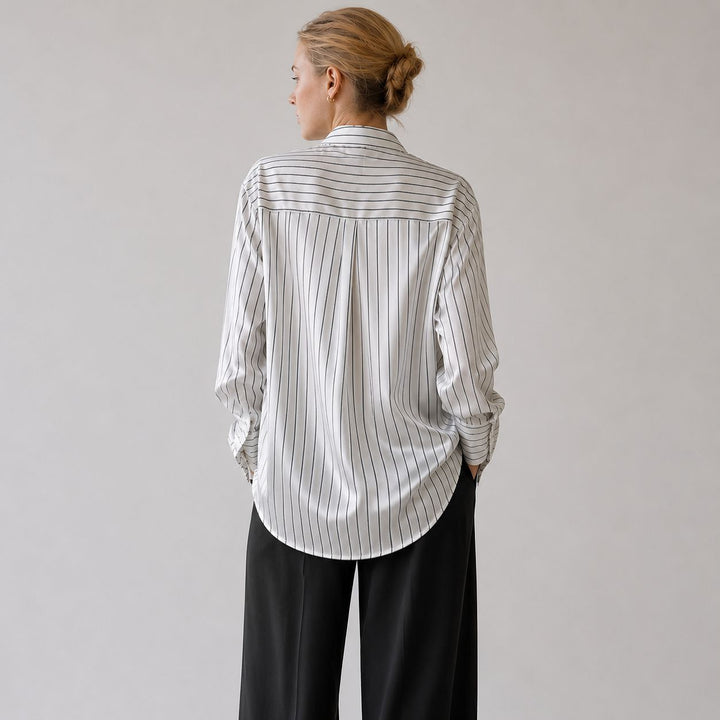 Women's Luxury Pinstripe Button-Down 100% Mulberry Silk Shirt Relaxed Blouse