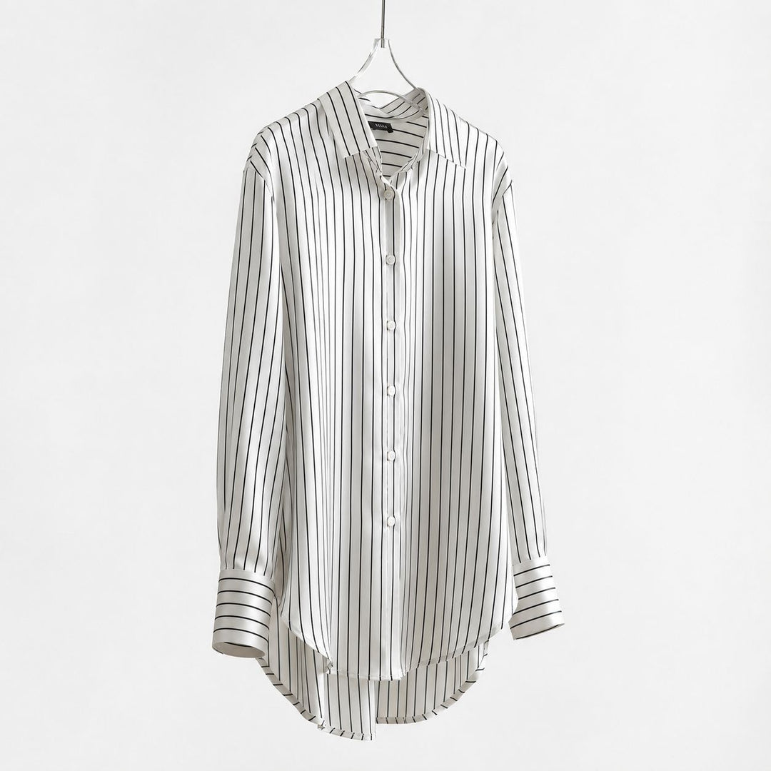 Women's Luxury Pinstripe Button-Down 100% Mulberry Silk Shirt Relaxed Blouse
