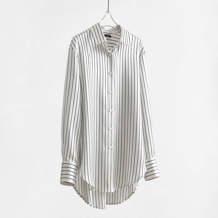 Women's Luxury Pinstripe Button-Down 100% Mulberry Silk Shirt Relaxed Blouse