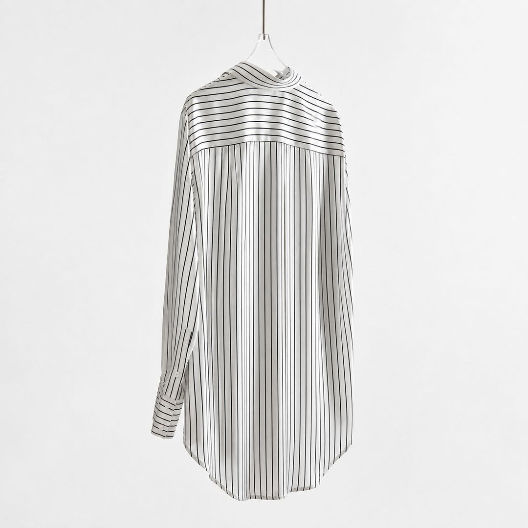 Women's Luxury Pinstripe Button-Down 100% Mulberry Silk Shirt Relaxed Blouse