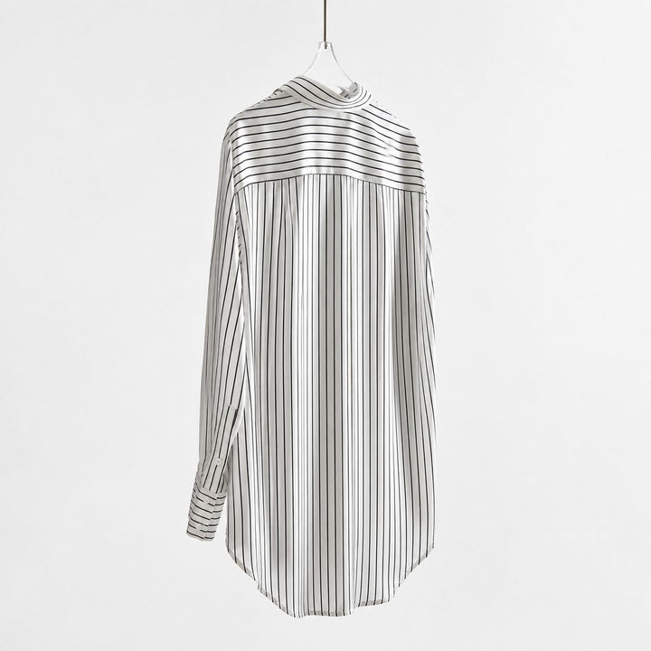 Women's Luxury Pinstripe Button-Down 100% Mulberry Silk Shirt Relaxed Blouse
