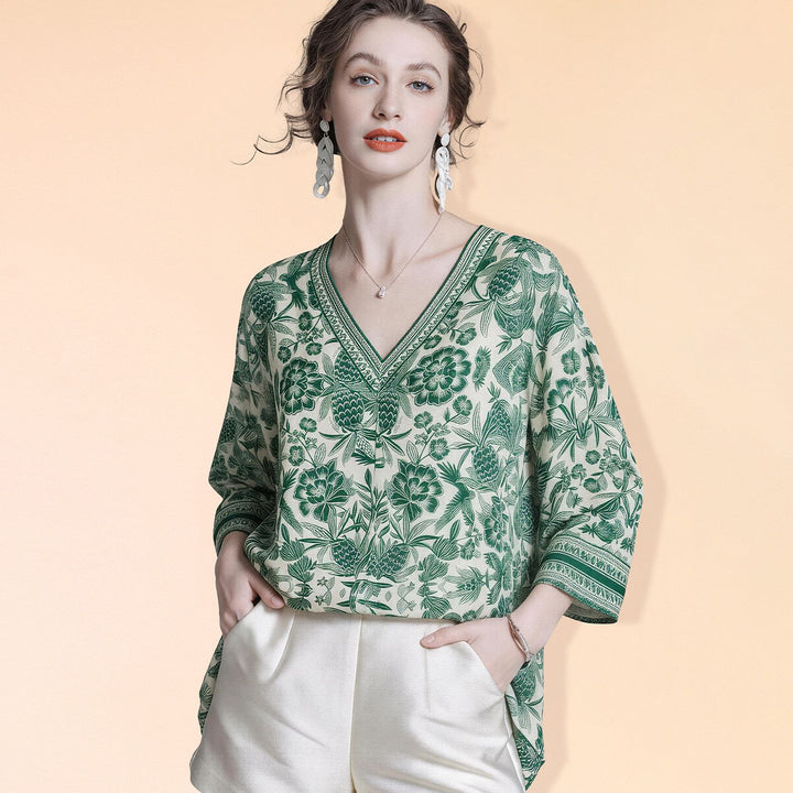 Women's 100% Mulberry Silk Green Floral Print V-Neck Blouse Elegant Relaxed Fit 3/4 Sleeve Silk Shirt