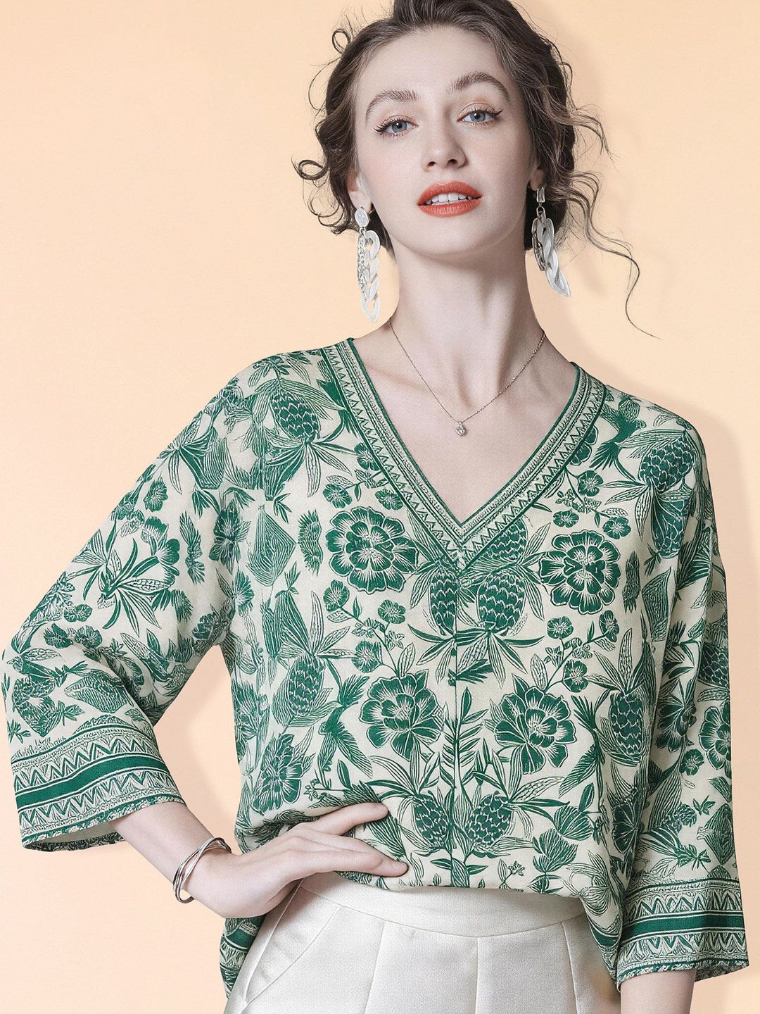 Women's 100% Mulberry Silk Green Floral Print V-Neck Blouse Elegant Relaxed Fit 3/4 Sleeve Silk Shirt