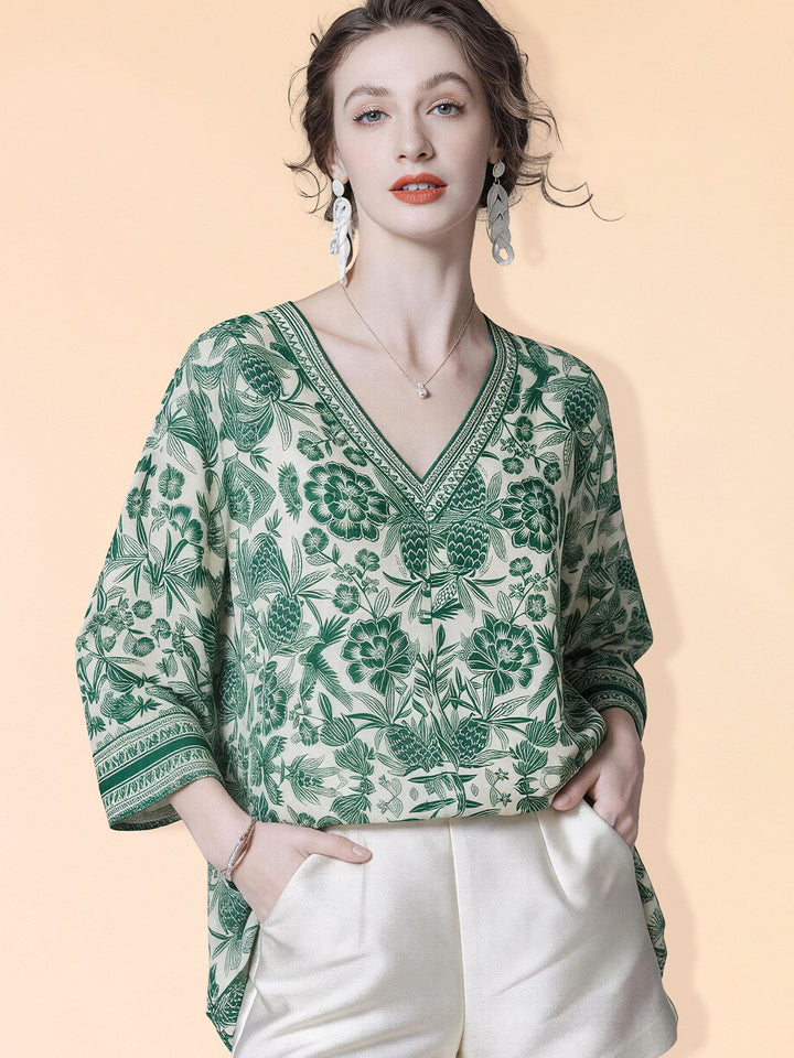Women's 100% Mulberry Silk Green Floral Print V-Neck Blouse Elegant Relaxed Fit 3/4 Sleeve Silk Shirt