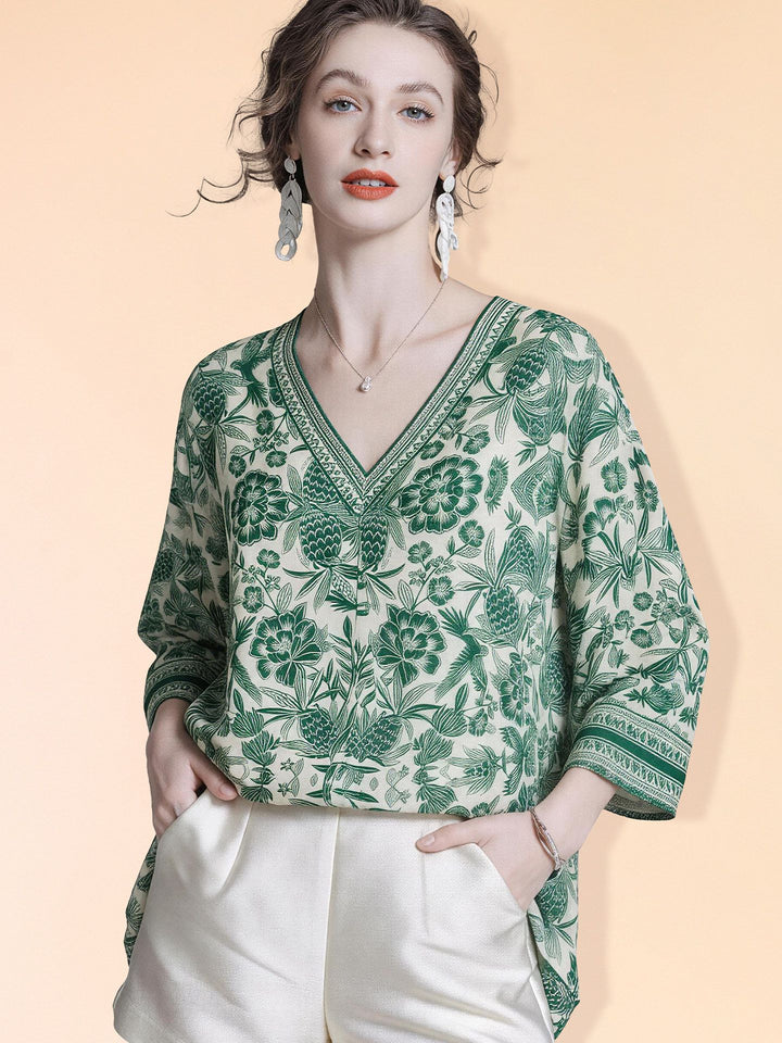 Women's 100% Mulberry Silk Green Floral Print V-Neck Blouse Elegant Relaxed Fit 3/4 Sleeve Silk Shirt