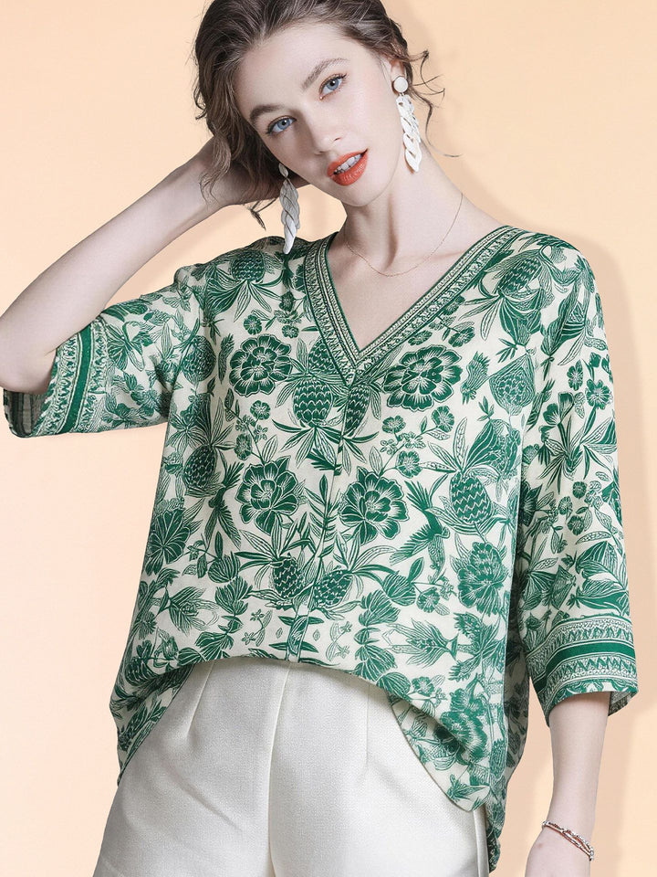Women's 100% Mulberry Silk Green Floral Print V-Neck Blouse Elegant Relaxed Fit 3/4 Sleeve Silk Shirt