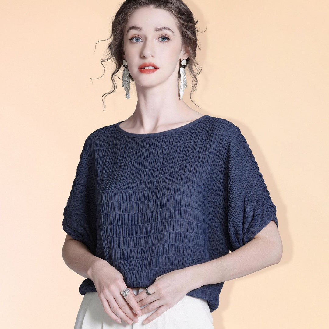 Women's 100% Mulberry Silk Textured Batwing Sleeve Blouse Elegant Relaxed Fit Boatneck Silk Top