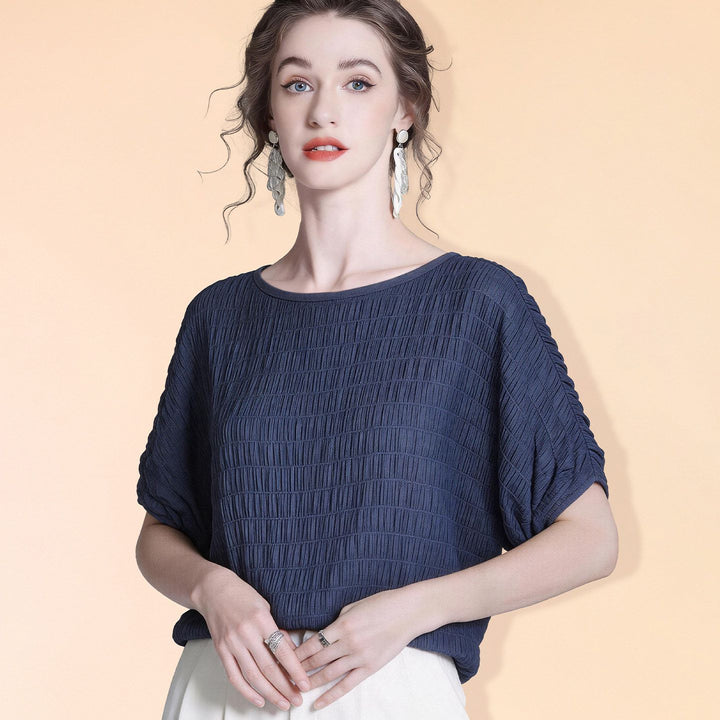 Women's 100% Mulberry Silk Textured Batwing Sleeve Blouse Elegant Relaxed Fit Boatneck Silk Top