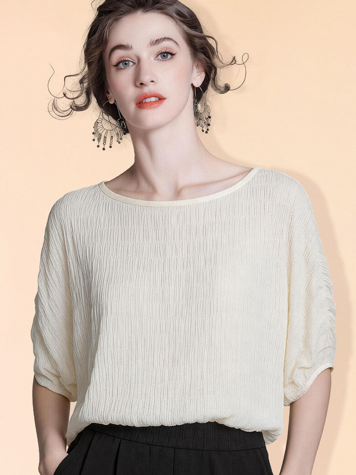 Women's 100% Mulberry Silk Textured Batwing Sleeve Blouse Elegant Relaxed Fit Boatneck Silk Top